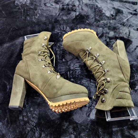 Green Faux Suede Lace-up 4" Block Heel Ankle Booties - Picture 7 of 7